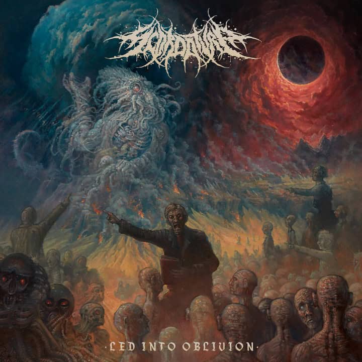 Album cover art for 'Led Into Oblivion' showing a horde of zombie-like figures, a towering tentacled creature, and a fiery red vortex in the sky.