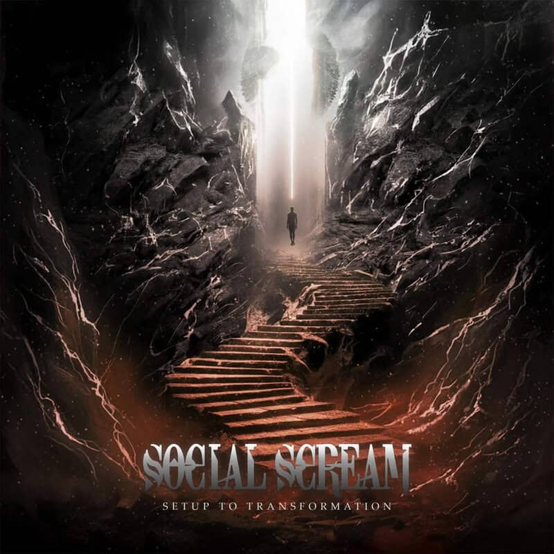 Dark rocky cavern with a bright vertical light beam; a lone figure ascends stone stairs toward the light, album cover vibe with 'Social Scream' text at bottom.
