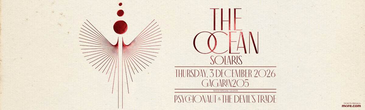 Event poster for The Ocean Solaris concert: Thursday, December 3, 2026 at Gagarin205, featuring Psychonaut and The Devil's Trade, with a beige background and red abstract artwork on the left.