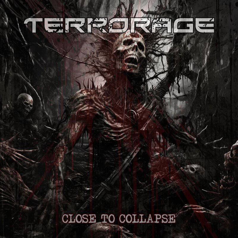 Album cover for TerrorRage: Close to Collapse, showing a skeletal zombie figure in a dark, eerie forest with red blood splatters edges.
