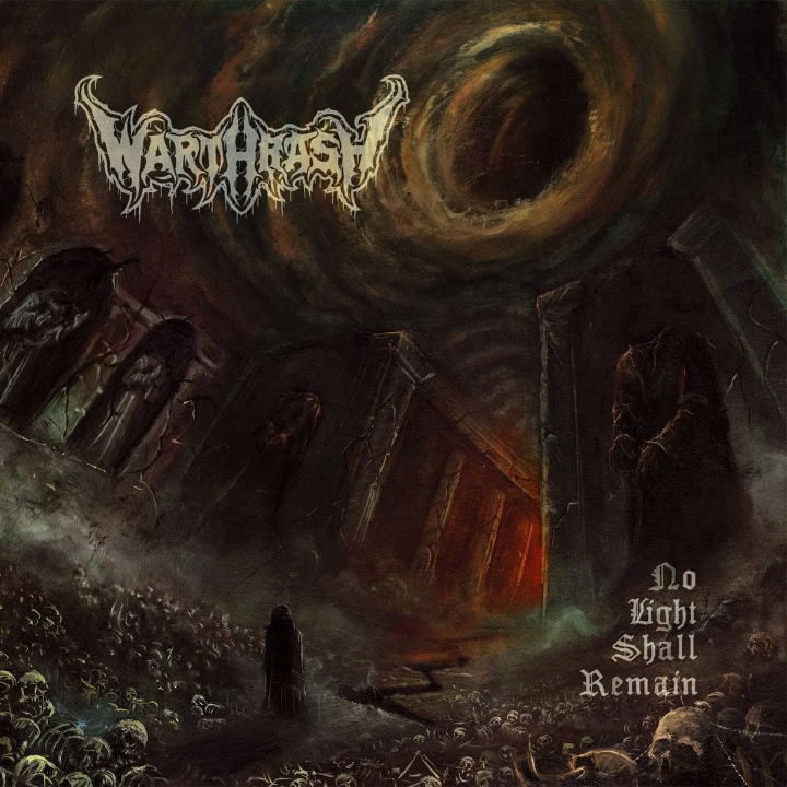 Album cover with a apocalyptic battlefield, dark skies, ruins, and skeletons; band name 'Warbringer' at top and 'No Light Shall Remain' on the right.