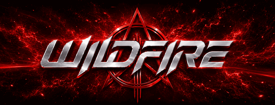"Wildfire" logo with metallic silver lettering over a red fiery background and a circular emblem behind the text, suggesting a bold brand name.