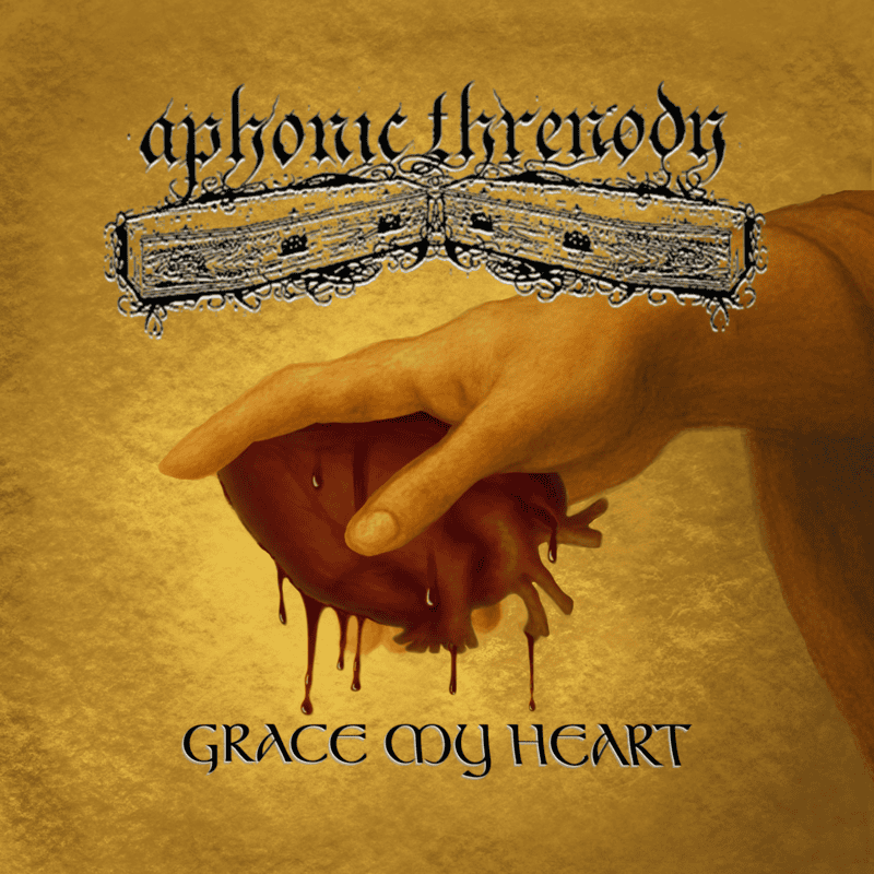 Close-up of a hand holding a drippy red liquid against a textured gold background, with decorative black script text near the bottom reading 'Grace... Heart' (partial visibility).