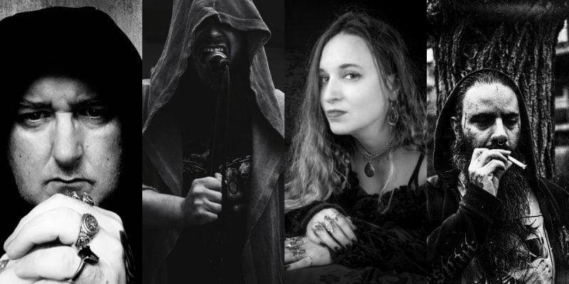 Black-and-white collage of four dark-themed figures: a hooded man with rings, a masked hooded figure, a woman with wavy hair and a necklace, and a man smoking a cigarette.