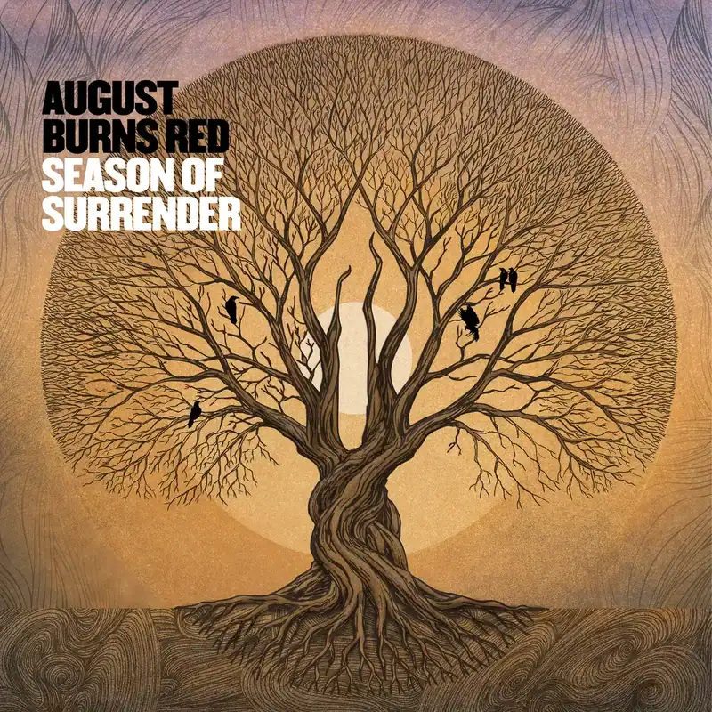 Album cover for August Burns Red's Season of Surrender featuring a stylized tree with a twisting trunk, bare branches, and a circular sun backdrop.