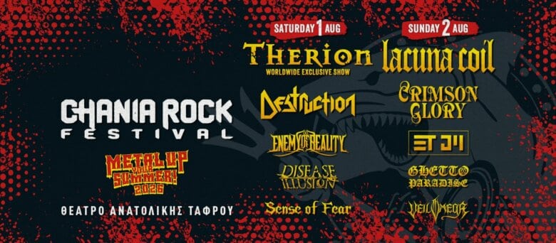Festival poster for Chania Rock Festival featuring multiple band logos and dates (Sat Aug 1, Sun Aug 2) with red and black graphic background.