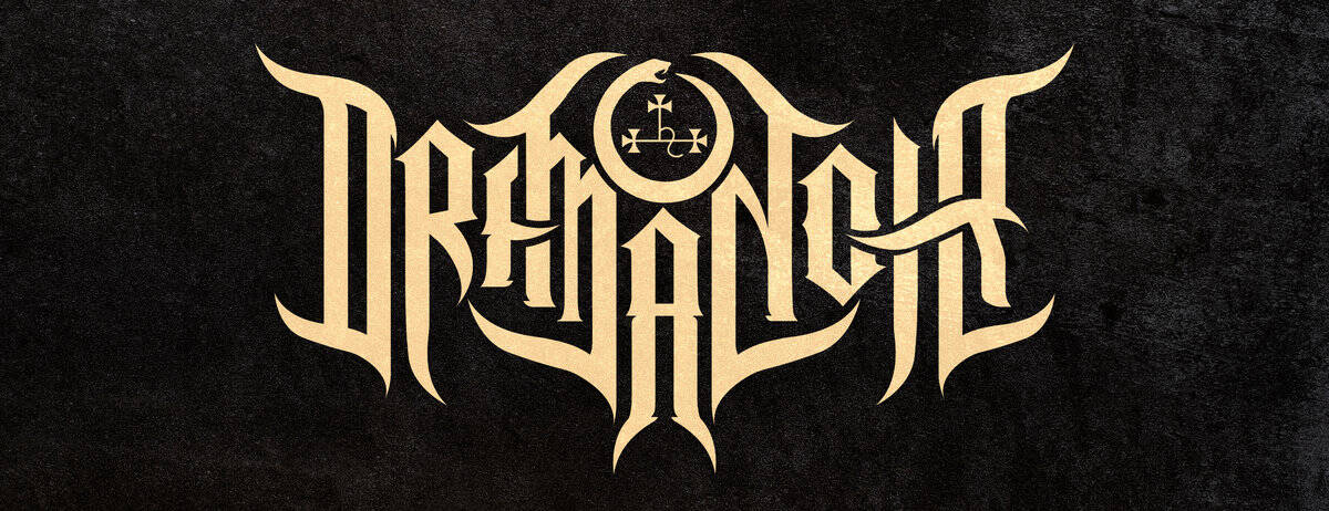 Decorative black-metal band logo with intricate, beige lettering on a dark textured background (text is highly stylized and hard to read).