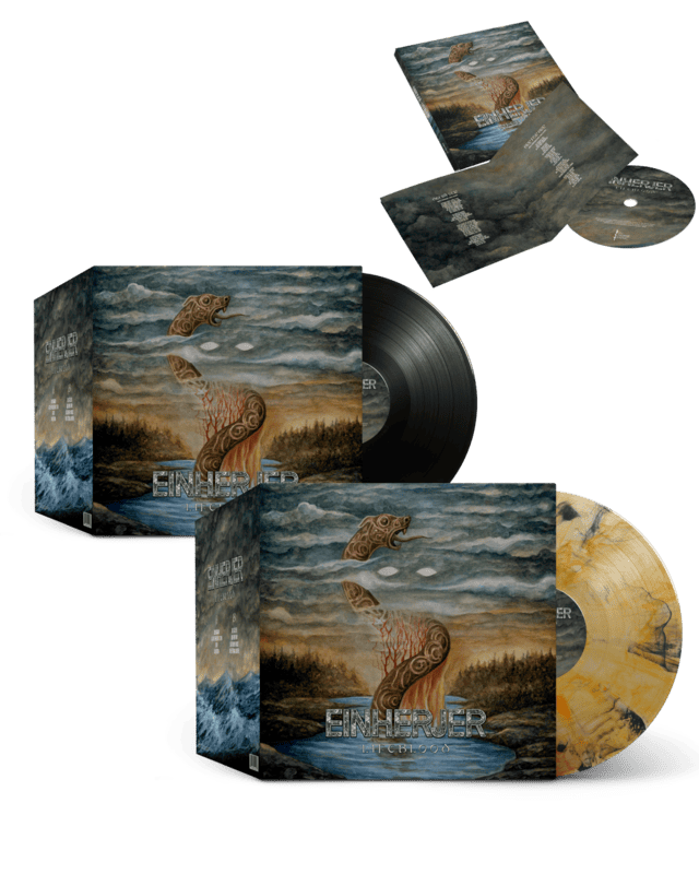 Digipak and vinyl records for Einherjer 'Life Blood' with oceanic artwork and serpentine creature imagery across panels and discs.