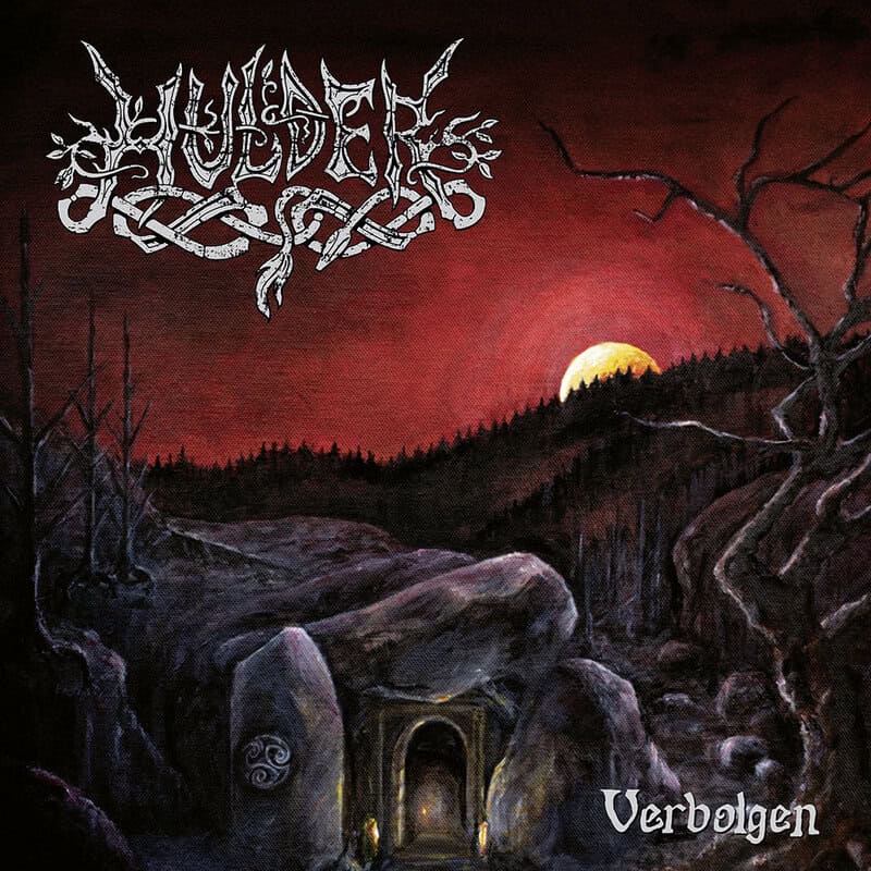 Album cover art: dark rocky landscape under a red sunset with a glowing doorway in the foreground and the word 'Verbolgen' in the bottom right.