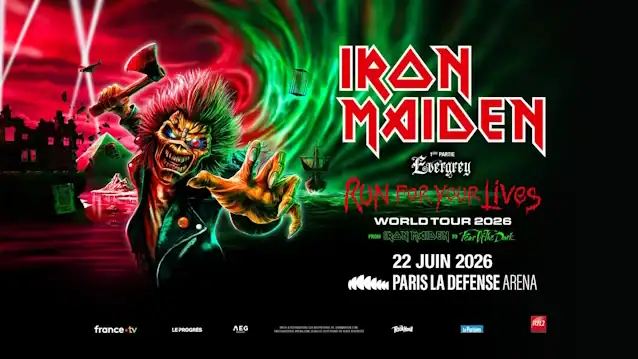 Concert poster for Iron Maiden's Run for Your Lives World Tour 2026, featuring Eddie the mascot, with date 22 June 2026 at Paris La Défense Arena.