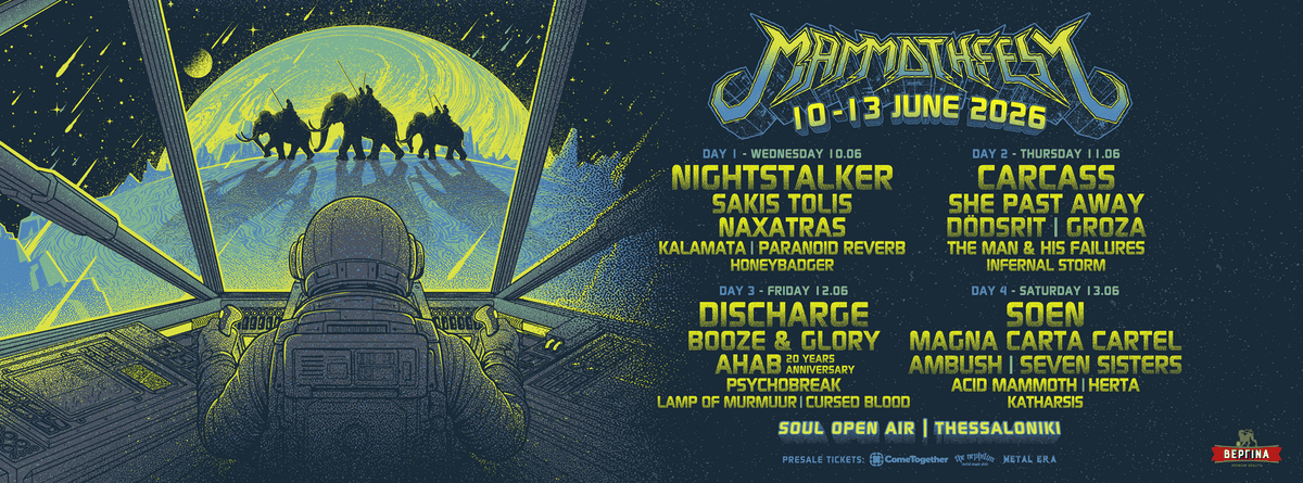 Astronaut in a cockpit gazing at a neon-green planet; to the right, a festival lineup for Mammothfest 2026 (June 10–13).