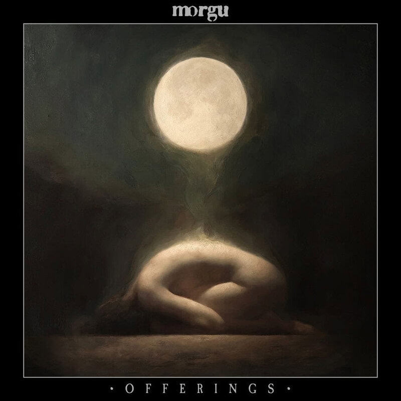 Surreal painting of a naked figure curled in a fetal position on the ground beneath a large glowing full moon.