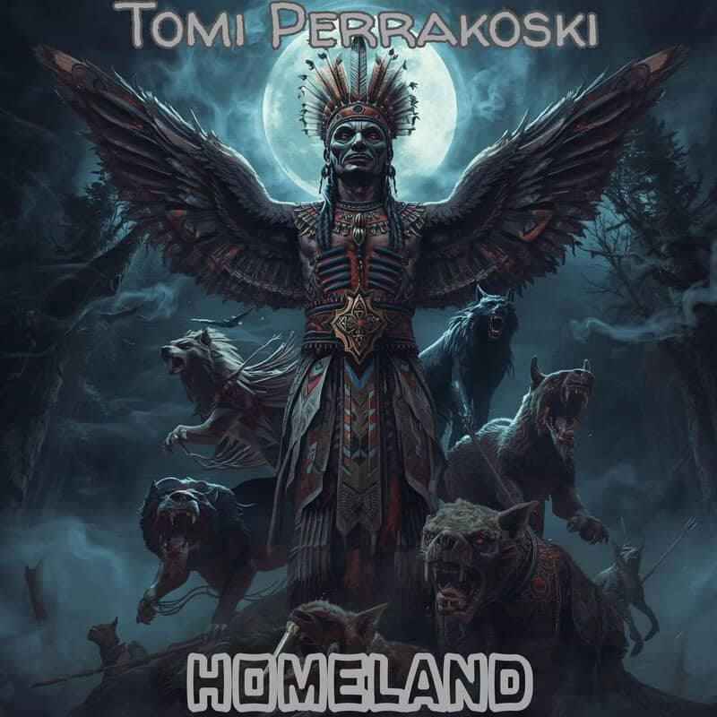 Winged Native American-inspired warrior in ornate armor under a full moon, surrounded by snarling wolves in a dark forest.