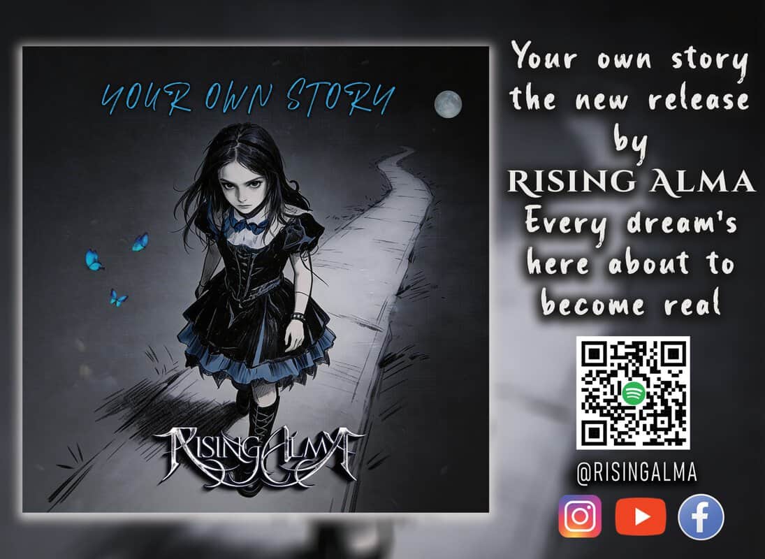 Promotional poster for Rising Alma: a girl in a gothic black dress stands on a moonlit winding road with blue butterflies, the words 'Your Own Story' above and 'Rising Alma' at the bottom, plus a QR code and social icons on the right.