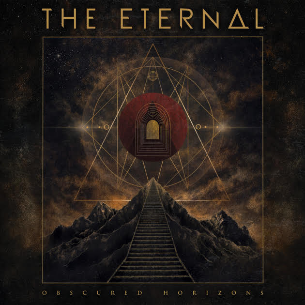 Album cover for The Eternal: a stairway ascending dark mountains toward a geometric, celestial backdrop with a red circular portal and a central arched doorway.