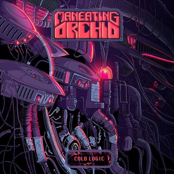 Sci‑fi album cover featuring dark pink and purple machinery with neon lights, and the band/album name displayed in glowing letters at the top, with a smaller 'Cold Logic' panel at the bottom edge.