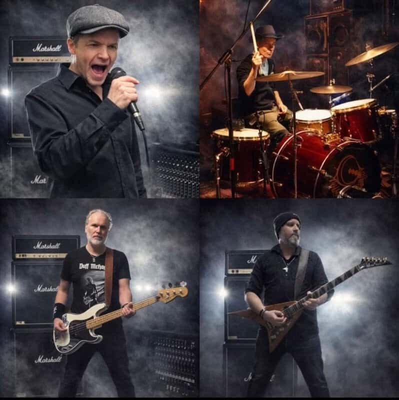 Collage of four rock musicians performing on stage with amps and drums in smoky lighting: singer, drummer, bassist, and guitarist.