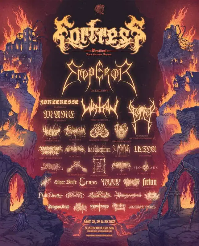 Fortress Festival 2027 lineup poster, May 28–30 at Scarborough Spa, headlining Emperor, Watain, Forteresse, and Mare