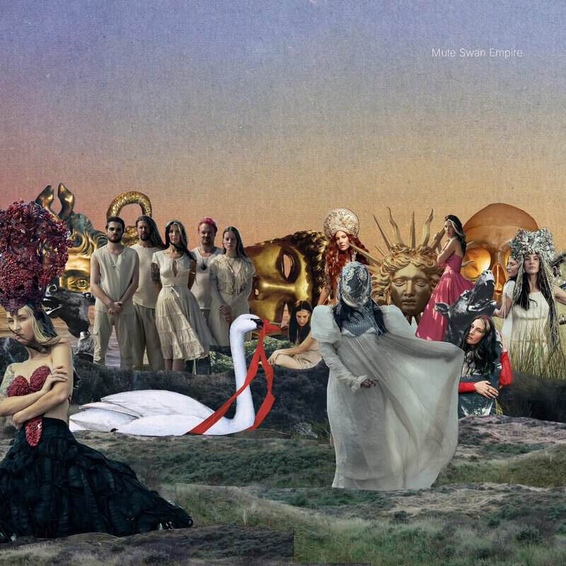 Surreal collage artwork titled Mute Swan Empire, featuring figures, golden statues, and a white swan holding a red ribbon