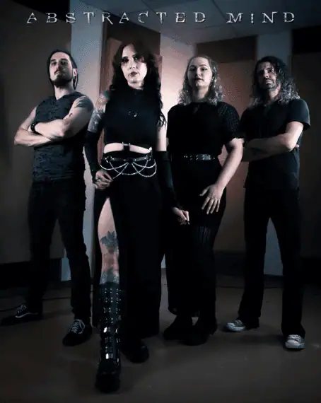 Four members of metal band Abstracted Mind posing in dark attire with the band logo at the top